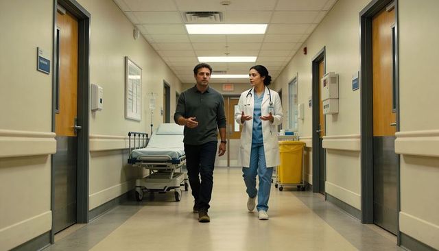 Doctor and visitor walking discussing in hospital corridor with stretcher and medical gear