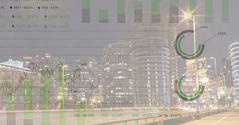 Futuristic Cityscape Overlaid with Financial Data Charts