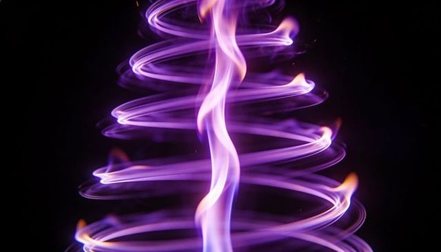 Spiraling purple flame helix twisting upward with neon light trails long exposure
