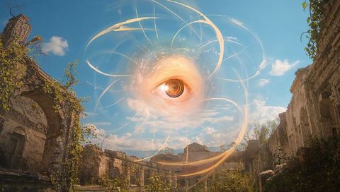 Surreal Cosmic Eye Amid Ancient Stone Ruins