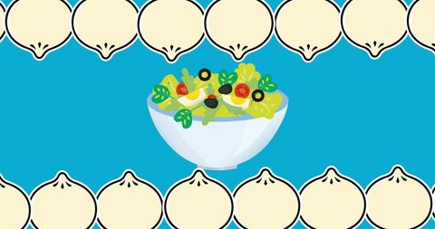 Bowl of Fresh Salad with Onions and Olives on Blue Background
