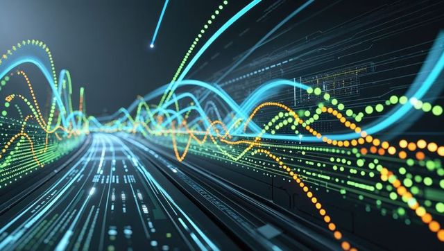 Futuristic Waveforms and Digital Grid in Virtual Space