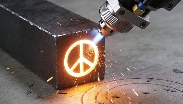 Cnc plasma torch cutting steel billet creating glowing peace symbol with sparks and slag