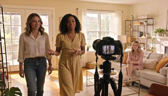 Co-hosts Presenting Home Lifestyle Tutorial in Sunlit Living Room with DSLR on Tripod