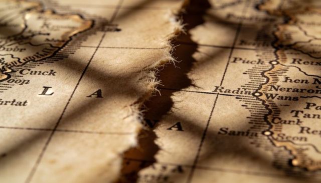 Ragged vertical tear on antique sepia map revealing frayed fibers, coastline, grid, foxing