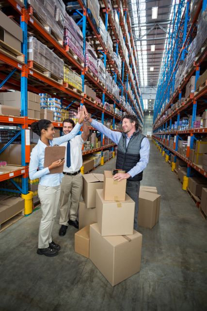 Happy warehouse workers giving high five in warehouse
