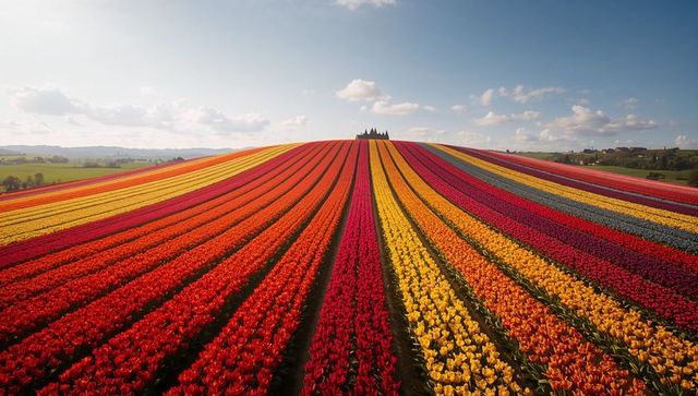 Colorful tulip fields under blue sky in scenic countryside
