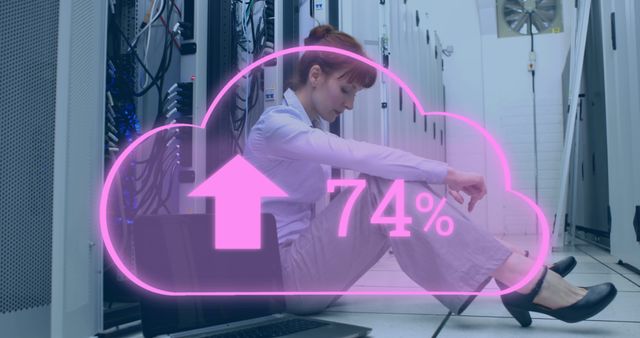 Woman Working in Data Center with Cloud Upload Icon - Download Free Stock Images Pikwizard.com