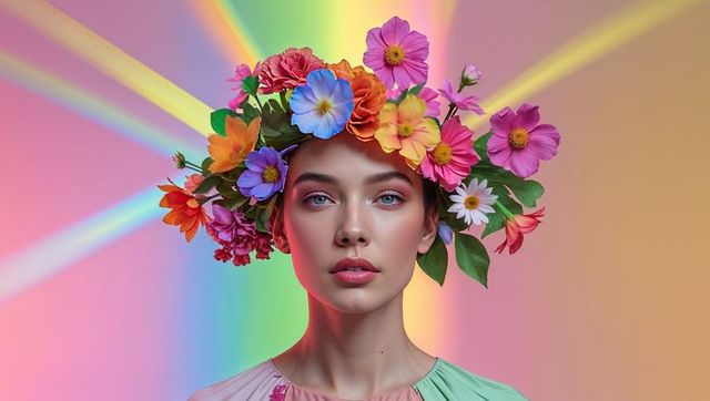 Portrait of elegant model with vibrant flower crown on colorful gradient