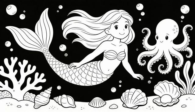 Playful mermaid with friendly octopus underwater coloring page line art for kids