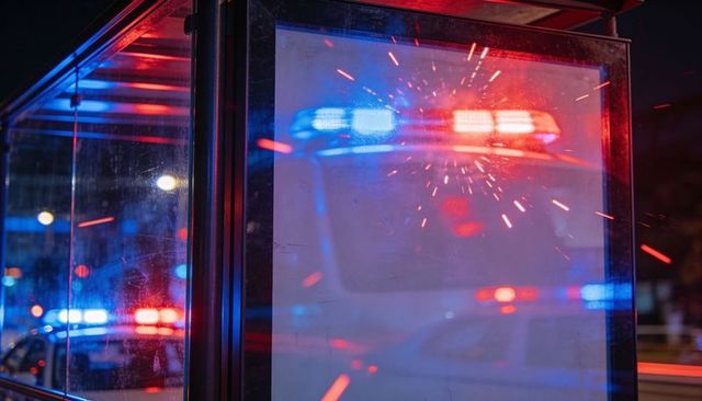 Tempered glass bus shelter reflecting red and blue police lights with neon night bokeh