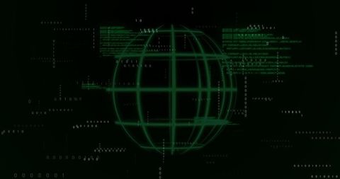 Glowing Green Wireframe Globe with Binary Code Fragments