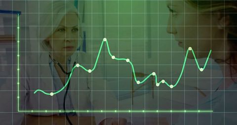 Physician and Patient Reviewing Data with Medical Line Chart Overlay