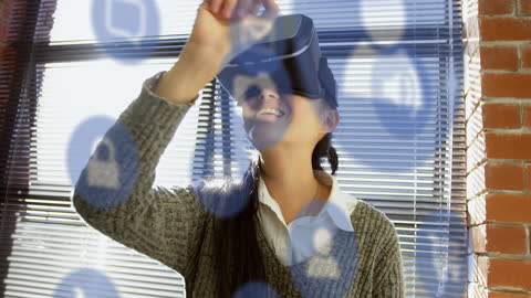 Asian Woman Engaging with Virtual Reality in Modern Office