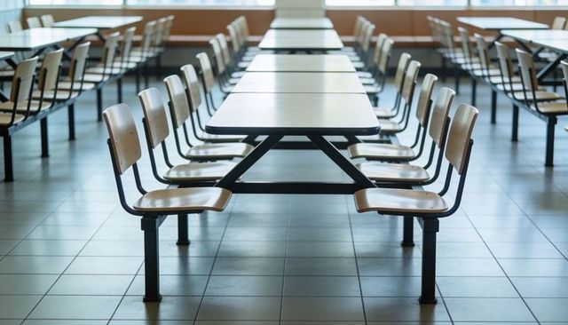 Empty school cafeteria showing long connected bench seating, tiled floor and symmetrical rows