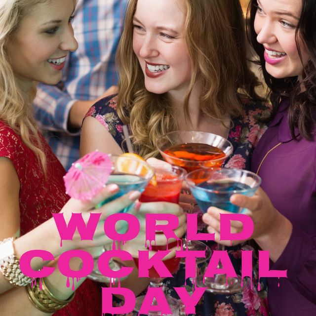Three smiling women, dressed casually, hold colorful cocktails at a bar, toasting to world cocktail day. Ideal for promotional materials for bar events, social media posts celebrating cocktail day, and advertisements for nightlife venues.