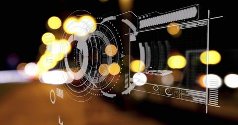 Futuristic Data Interface with Cityscape Background Bokeh Lighting