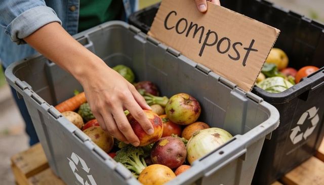 Hands sorting food scraps into compost bin with recycling symbol for sustainable living