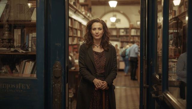 Woman Standing at Vintage Bookstore Entrance with Wooden Cane