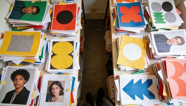 Sorting printed portrait pages and colorful graphic prints on studio tables for catalog production