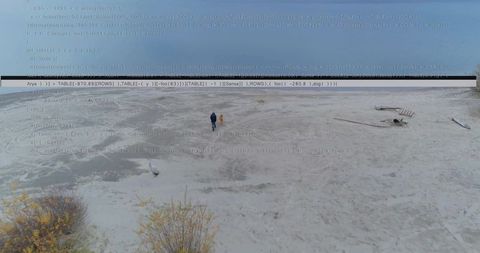 Aerial minimalist beach walk adult and child with driftwood, footprints and code glitch