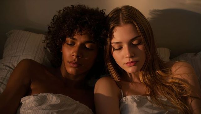 Intimate evening portrait of two women resting side-by-side in linen bed with warm shadows
