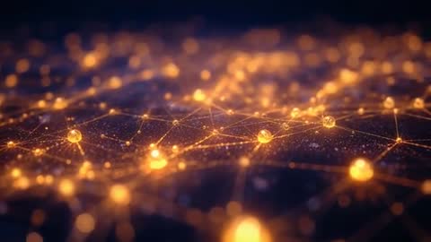 Camera Pushing Through Glowing Amber Network with Pulsing Nodes and Connecting Lines