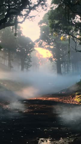 Rising Sun Illuminating Mist-Filled Forest Path Casting Puddle Reflections - Vertical Video