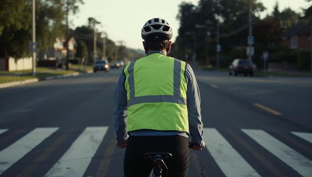 Commuter cycling in high-visibility vest on suburban crosswalk at dawn