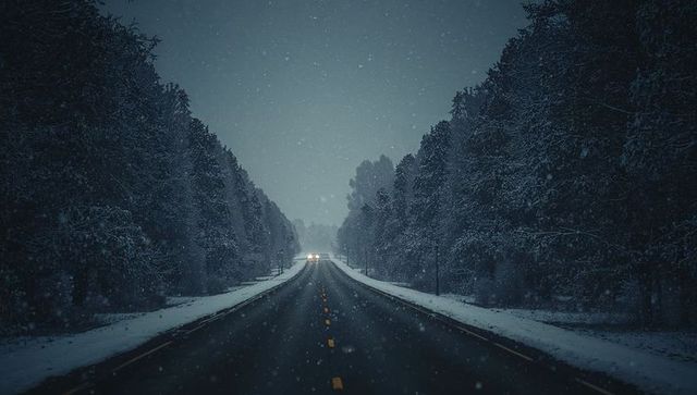 Leading two-lane highway through snow-covered forest at dusk with oncoming headlights