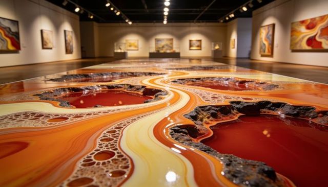 Glossy resin geode floor installation reflecting track lights contemporary abstract