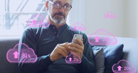 Man Using Smartphone with Digital Cloud Data Overlay Concept