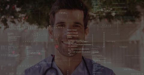 Doctor in scrubs with code overlay signaling medical innovation