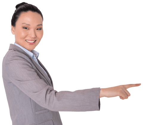 Confident Asian Businesswoman Smiling and Pointing on Transparent Background