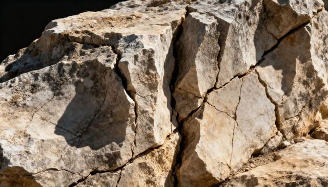 Fractured limestone outcrop casting dramatic shadows with deep fissures and rough texture