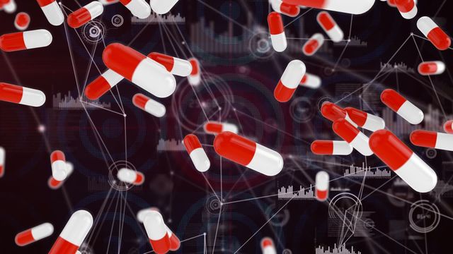 Depicts red and white capsules appearing to float in a digitally illustrated network of connections on a dark background. Represents themes of pharmaceuticals, technology integration, and healthcare innovation. Ideal for use in presentations and materials focused on medical technology, pharmaceuticals, or scientific research.