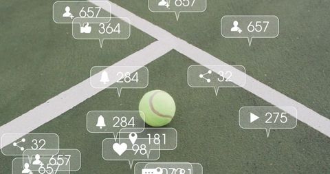 Tennis Ball on Court with Social Media Engagement Icons