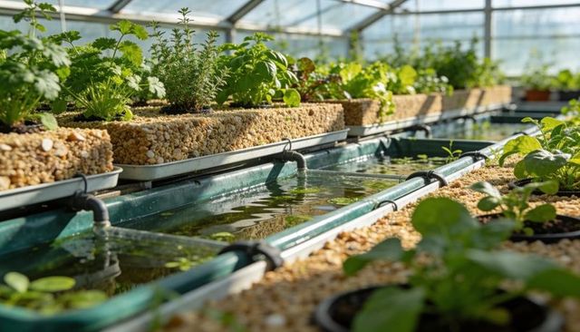 Greenhouse hydroponic troughs with flowing water and seedling trays, irrigation system