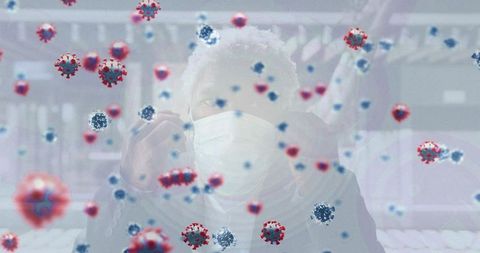 Commuter adjusting mask at transit station with virus particle overlay, pandemic safety concept