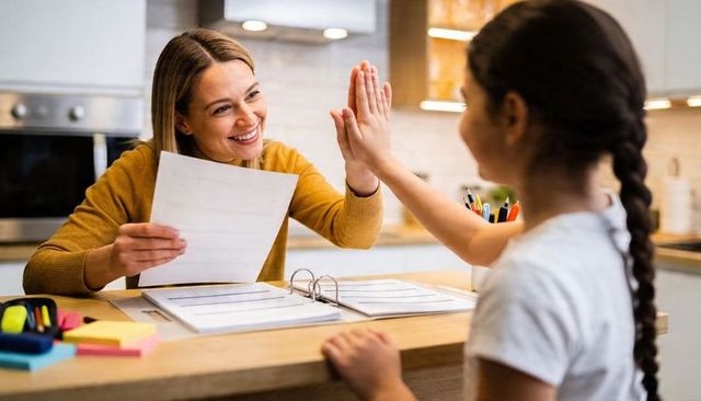 Smiling mom high-fiving daughter with homework binder at kitchen island celebrating learning
