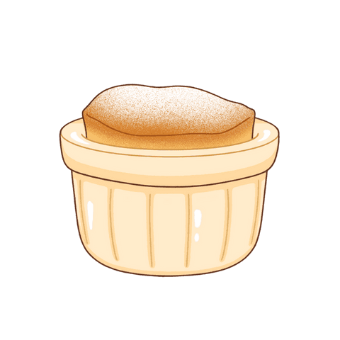 Sugar-dusted soufflé in cream ramekin on transparent background