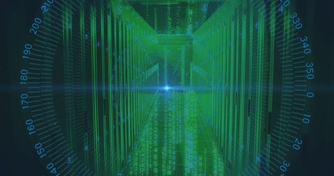 Futuristic server room with digital data flow and hud overlay