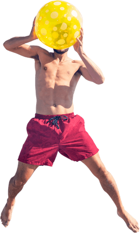 Man Jumping Excitedly with Bright Beach Ball Transparent Background