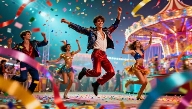 Leaping carnival dancers in sequined costumes under neon carousel lights and confetti