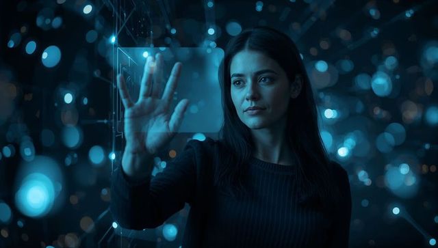 Woman Interacting with Futuristic Holographic Interface Surrounded by Blue Digital Nodes