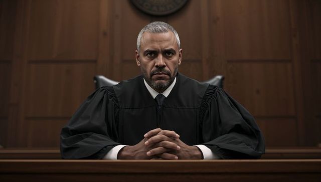 Stern judge presiding on bench wearing black robe in courtroom, authoritative portrait