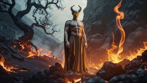 Horned lucifer standing amid volcanic flames in ominous landscape