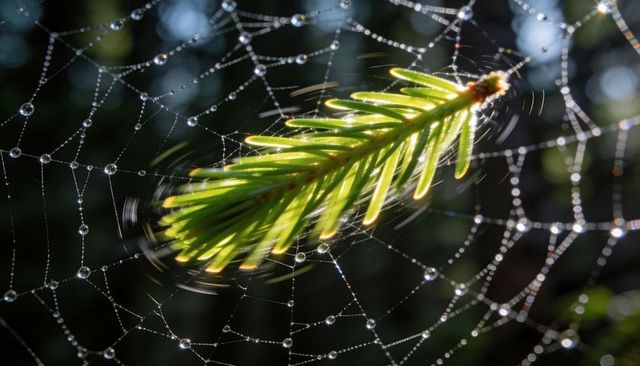 Glistening dew on spider web cradling conifer needle, macro forest morning sparkle