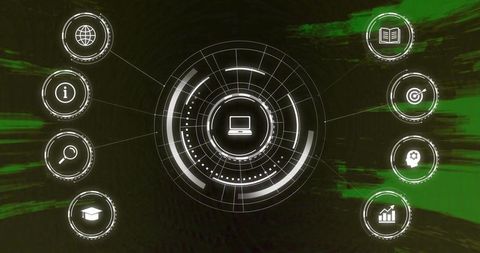 Futuristic digital interface with central laptop icon and connected symbolic features