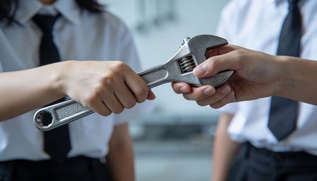Students passing adjustable wrench in school workshop demonstrating hands-on teamwork